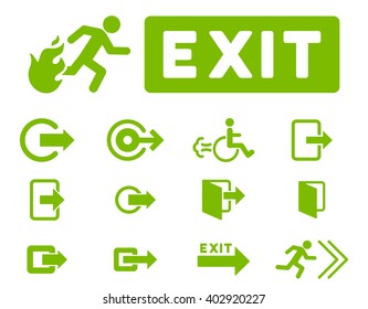 Fire Exit vector icon set. Style is eco green flat symbols isolated on a white background.