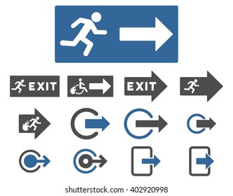 Fire Exit vector icon set. Style is bicolor cobalt and gray flat symbols isolated on a white background.