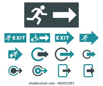 Fire Exit vector icon set. Style is bicolor soft blue flat symbols isolated on a white background.