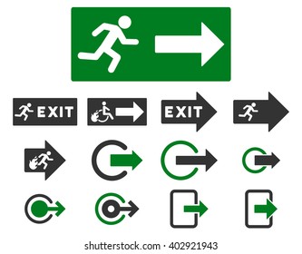 Fire Exit vector icon set. Style is bicolor green and gray flat symbols isolated on a white background.