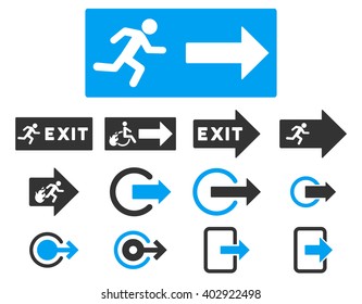 Fire Exit vector icon set. Style is bicolor blue and gray flat symbols isolated on a white background.