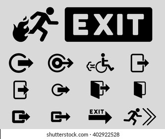 Fire Exit vector icon set. Style is black flat symbols isolated on a light gray background.