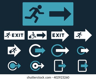 Fire Exit vector icon set. Style is bicolor blue and white flat symbols isolated on a dark blue background.