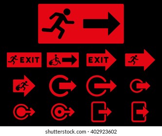 Fire Exit vector icon set. Style is red flat symbols isolated on a black background.