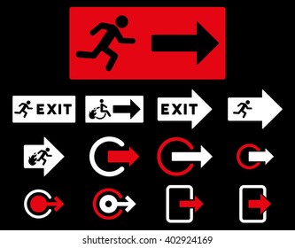 Fire Exit vector icon set. Style is bicolor red and white flat symbols isolated on a black background.