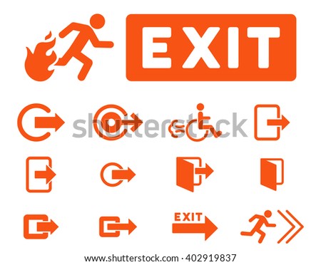 Fire Exit vector icon set. Style is orange flat symbols isolated on a white background.