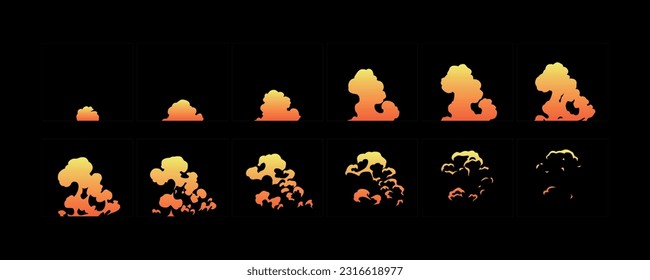 Animación de explosión de fuego. 2.ª caricatura fuma marcos de hojas de sátira animadas. Conjunto de ilustraciones vectoriales de efecto de ráfaga de Boom. 