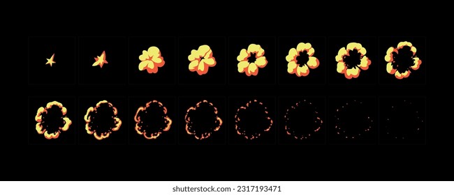 Animación de explosión de fuego. 2.ª caricatura fuma marcos de hojas de sátira animadas. Conjunto de ilustraciones vectoriales de efecto de ráfaga de Boom. 