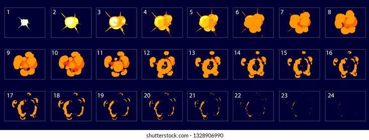 Fire explosion animation. Animation of fire. Fire Sprite sheet for game or cartoon. 2d classic animation fire effect. – Vector