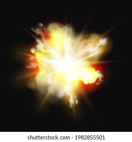 Explosión de incendio, bomba estalló un efecto realista en 3D de quemar fuego y humo. Fuegos artificiales de vectores, fuego de hoguera o fuego, explosión de energía nuclear, combustión de calor. Balón de piro inflamable
