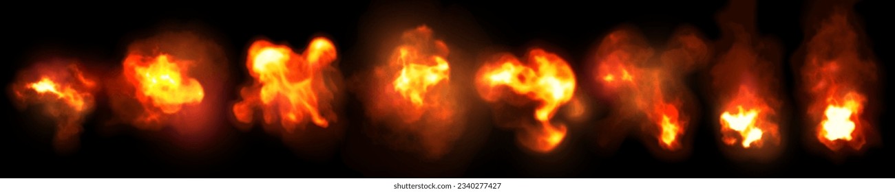 Fire explosion and burnst, flaming and burning wildfire, campfire or fireplace flames and outbursts. Vector isolated set on black background