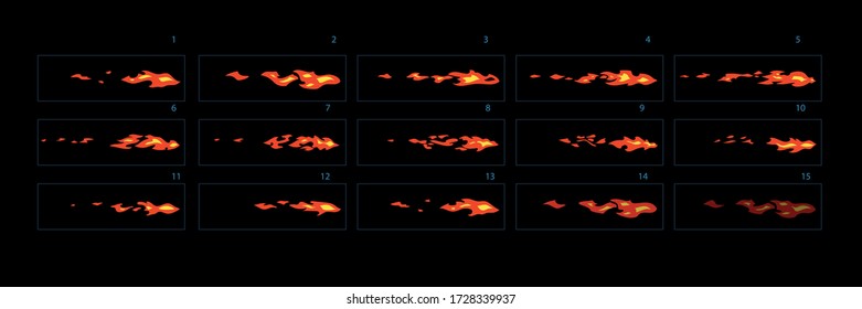 Fire explosion during the shot with the machine. Fire animation. Cartoon style  fire animation sprites sheet.– Vector