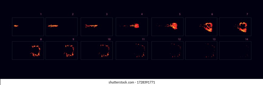 Brandexplosion während des Schusses mit der Maschine. Feuerbrunst-Animation Cartoon style sprites Blatt Feueranimation .- Vector