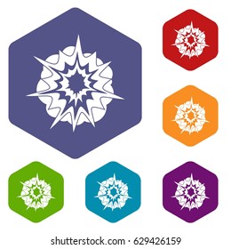 Fire explosion icons set hexagon isolated vector illustration