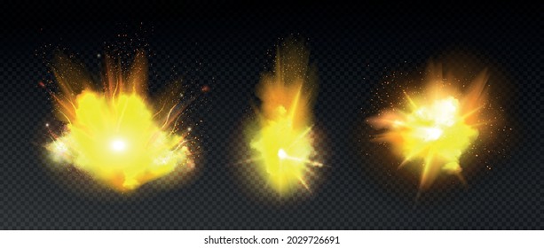 Fire explosion realistic set with isolated flashes of light with clouds of smoke on transparent background vector illustration