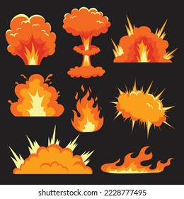 Vektordesign-Kollektion für Feuerexplosion einzeln auf dunklem Hintergrund