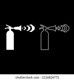 Extintor de incendios en acción con chorro de burbujas de espuma para extinguir pone al juego de lucha contra incendios icono de color blanco ilustración vectorial simple contorno de relleno sólido línea delgado estilo plano