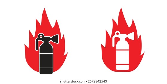 Fire extinguisher for alarm fire bell or alert ring to call. Warning fire, firefighter help. Warning, dangerous flames alarm or sprinkler alert. For fire alarm box, break glass, press here.