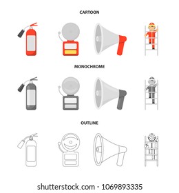 Fire extinguisher, alarm, megaphone, fireman on the stairs. Fire departmentset set collection icons in cartoon,outline,monochrome style vector symbol stock illustration web.