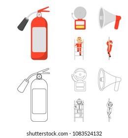 Fire extinguisher, alarm, megaphone, fireman on the stairs. Fire departmentset set collection icons in cartoon,outline style vector symbol stock illustration web.