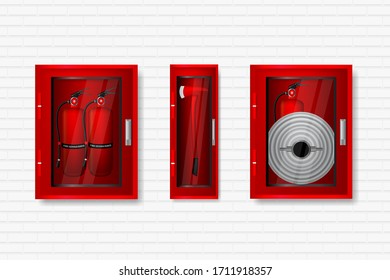 extintor de incendios y hacha contra incendios colocados en ilustración vectorial de pared blanca
