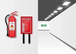 Fire Extinguisher and Fire Blanket on Wall in the Building. Vector Illustration. 