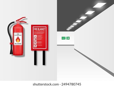 Feuerlöscher und Feuerdecke an der Wand im Gebäude. Vektorillustration. 