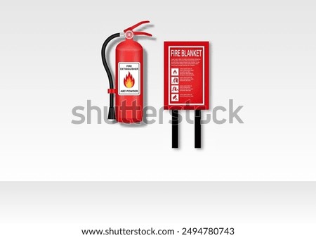 Fire Extinguisher and Fire Blanket on Wall in the Building. Vector Illustration. 