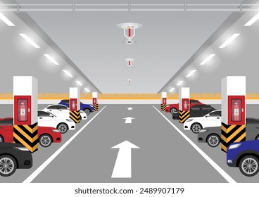 Fire Extinguisher Box installed on Pole in Parking Lot. Vector Illustration. 