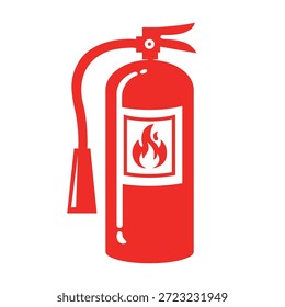 Extintor de incêndio com vetor de chama a arder ilustração plana vermelha. Símbolo de aviso infográfico de design plano.