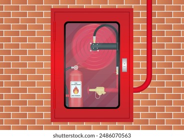 Fire Extinguisher Cabinet on Wall in the Building. Vector Illustration.