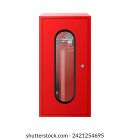 Fire Extinguisher Cabinet. Red box with fire extinguisher isolated on white background. Realistic 3D vector illustration. Mock up. Professional tool or instrument.