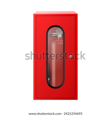 Fire Extinguisher Cabinet. Red box with fire extinguisher isolated on white background. Realistic 3D vector illustration. Mock up. Professional tool or instrument.