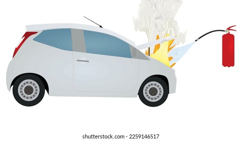 Extintor de incendios y incendio de autos. ilustración vectorial