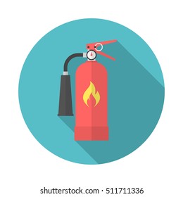 Fire extinguisher circle icon with long shadow. Flat design style. Extinguisher simple silhouette. Modern, minimalist, round icon in stylish colors. Web site page and mobile app design vector element.
