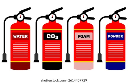 Fire extinguisher clip art vector design. Various set type fire extinguisher tank cartoon style isolated in white illustration. Safety equipment for fire