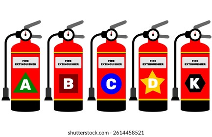 Fire extinguisher clip art vector design. Various set type fire extinguisher tank cartoon style isolated in white illustration. Safety equipment various set with fire code