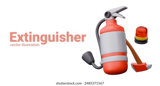 Fire extinguisher closeup, fire axe, red emergency lamp