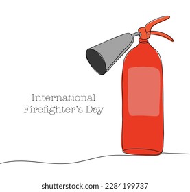 Fire extinguisher drawn in one line. Colored one line drawing for different uses. International Firefighters' Day. Vector illustration.