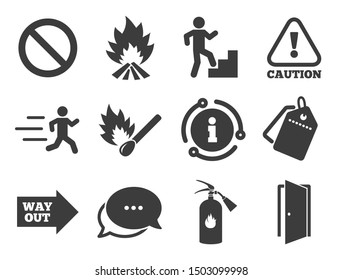 Fire extinguisher, exit and attention signs. Discount offer tag, chat, info icon. Fire safety, emergency icons. Caution, water drop and way out symbols. Classic style signs set. Vector