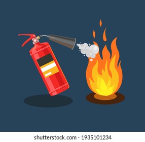 The fire extinguisher extinguishes fire with foam. Fire extinguishing. Flat vector illustration