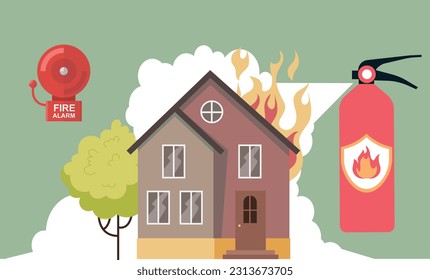 fire extinguisher extinguishing a fire at the house and trees beside it. It has a fire alarm icon on the left. vector illustration.