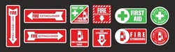 Fire Extinguisher First Aid Vector Sticker Set. Various Fire Extinguisher First Aid Sign Labels Isolated On Black Background.