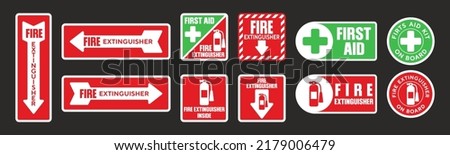 Fire extinguisher first aid vector sticker set. Various fire extinguisher first aid sign labels isolated on black background. Stockfoto © 