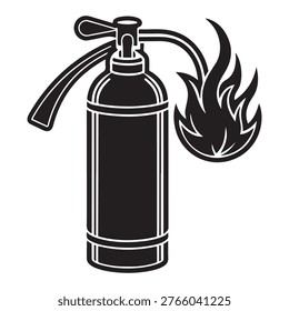 Fire extinguisher with flame icon in black and white illustration for safety and emergency concept