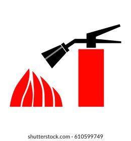 Fire extinguisher and flames. Flat color icon isolated on white background. Vector