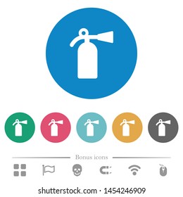 Fire extinguisher flat white icons on round color backgrounds. 6 bonus icons included.