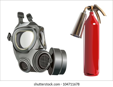 fire extinguisher and a gas mask