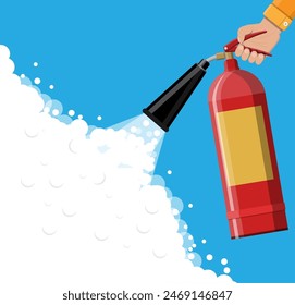 Fire extinguisher in hand with foam. Fire equipment. Vector illustration in flat style