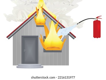 Fire extinguisher and home fire. vector illustration
